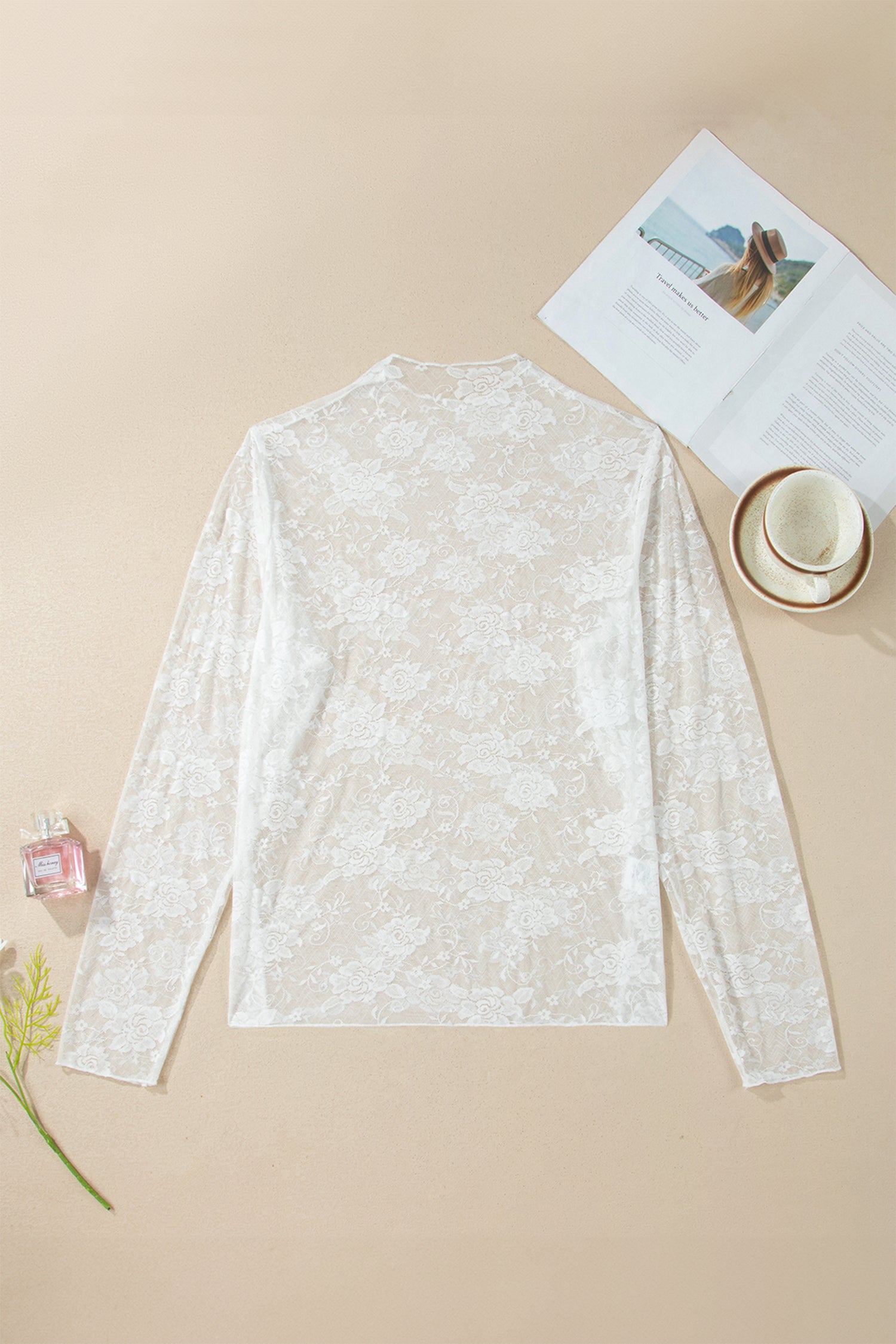 Black Plus Size Floral Mesh Long Sleeve Top