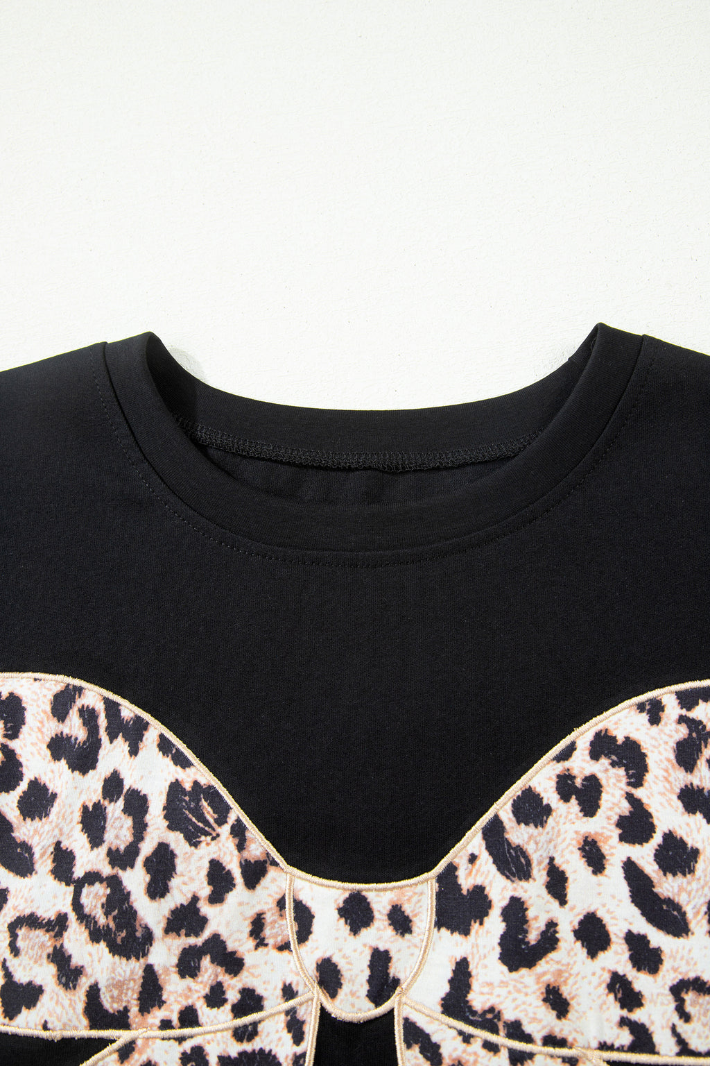 Pink Leopard Bow Embroidered Cotton Round Neck T Shirt