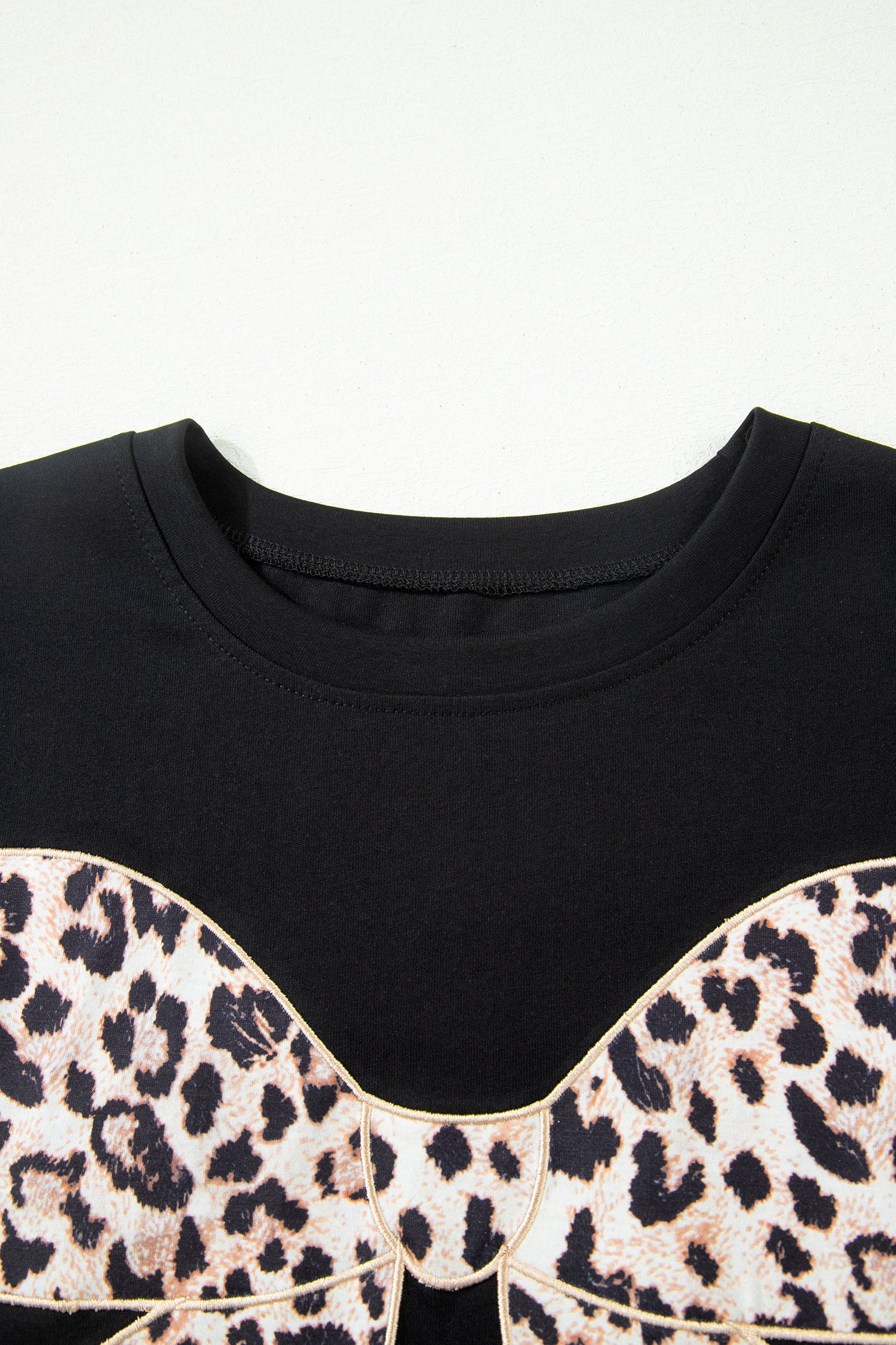 Pink Leopard Bow Embroidered Cotton Round Neck T Shirt