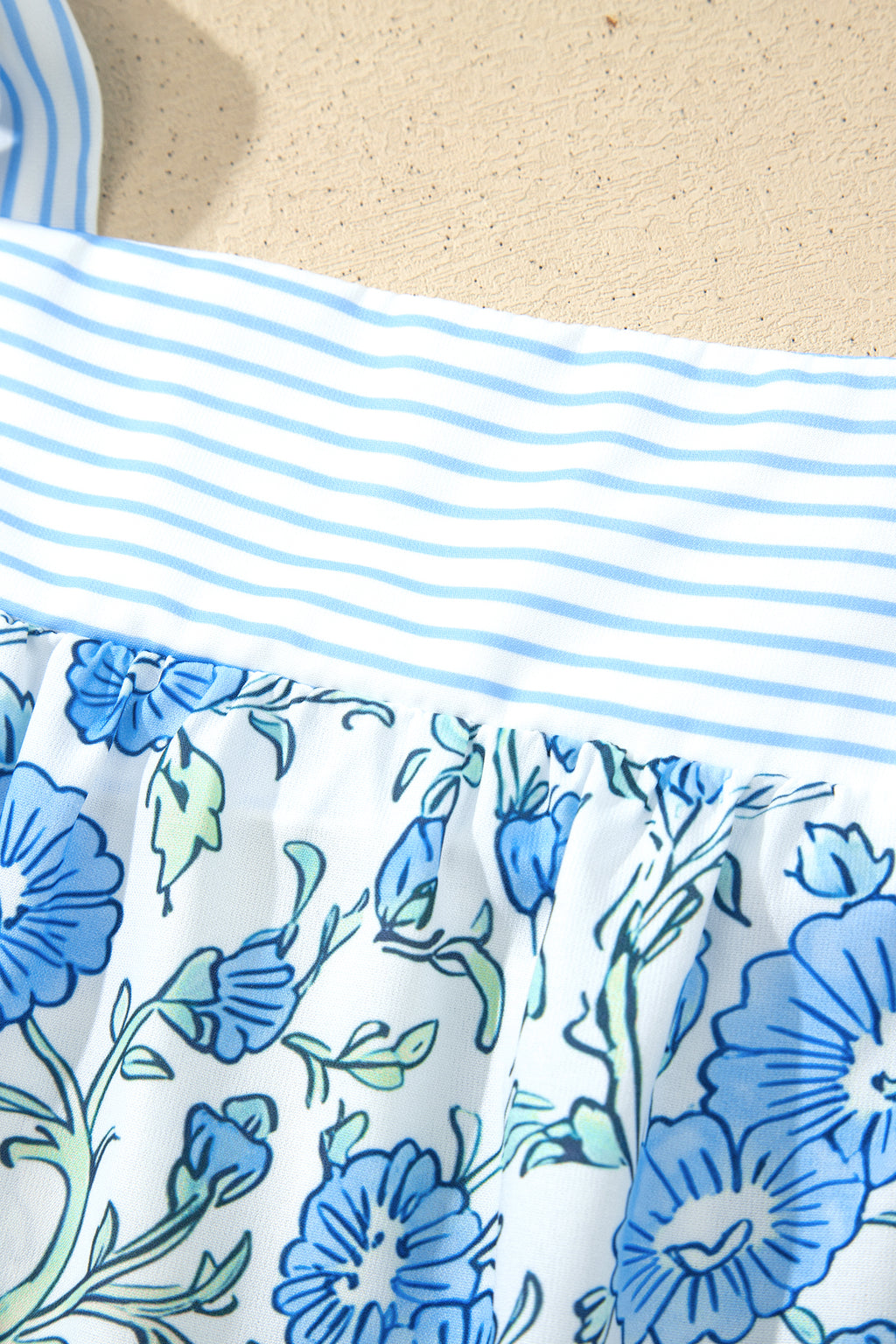 Sky Blue Floral Striped Patchwork Knot Straps 2pcs Short Set