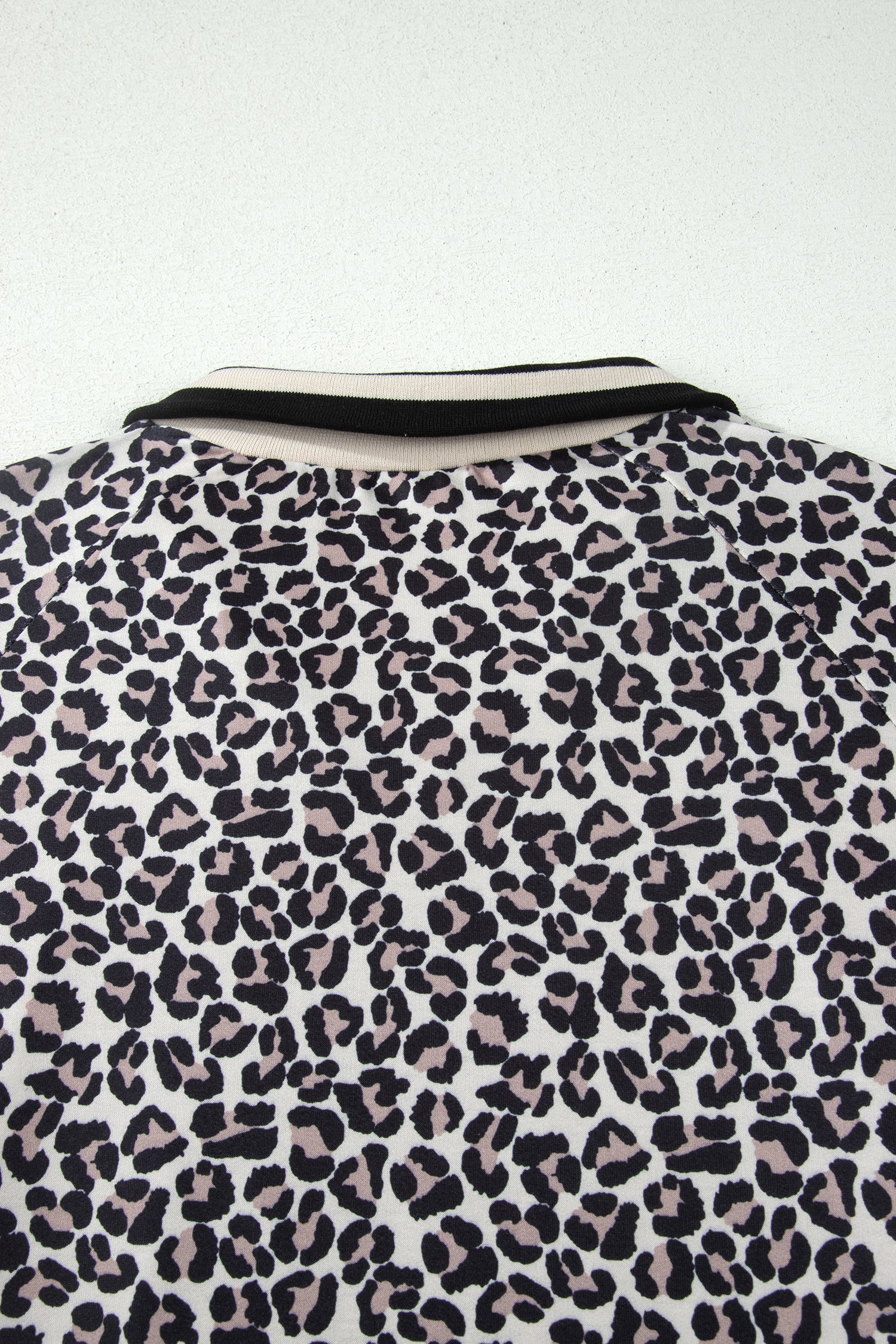 Brown Plus Size Leopard Print Striped Webbing Patchwork Half Zip Blouse