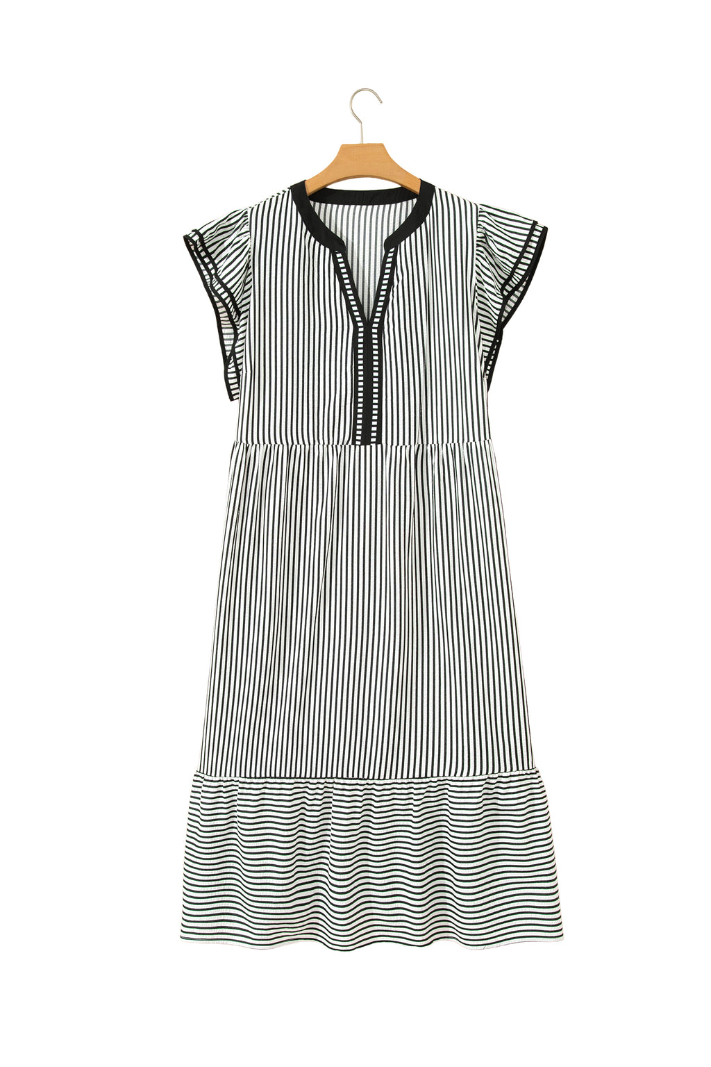 Brown Stripe Plus Size Slit V Neck Tiered Flutter Sleeve Maxi Dress