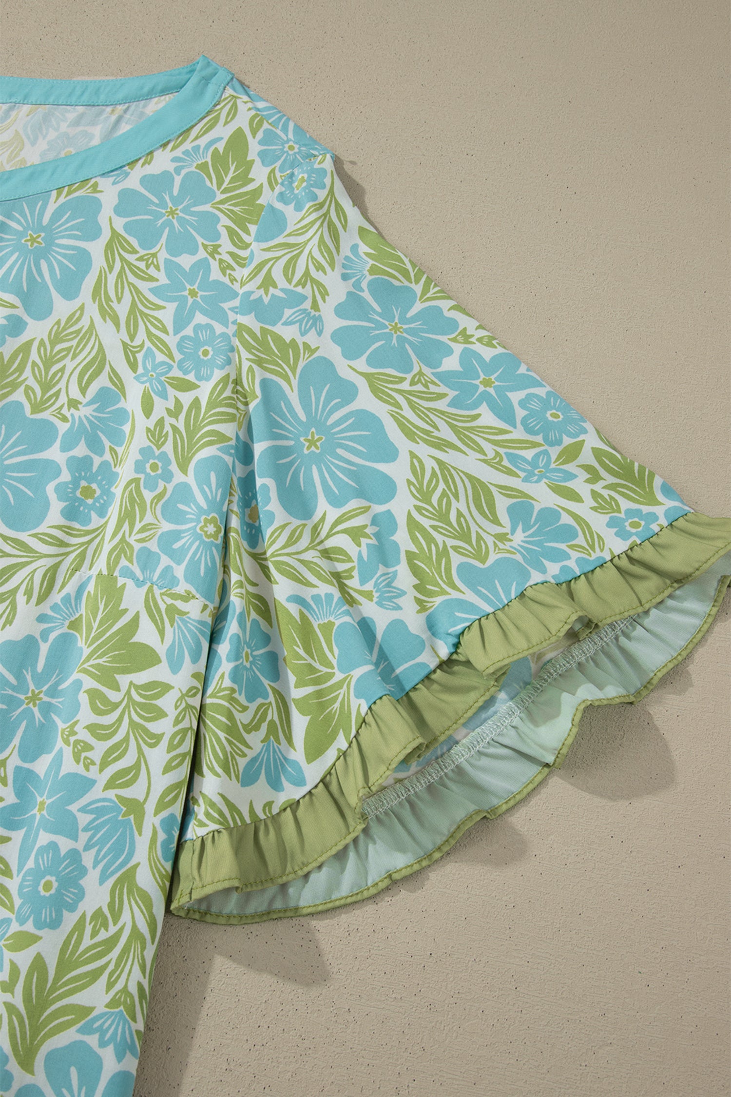 Sky Blue Plus Size Floral Print Frilled Color Block Trim Short Sleeve Blouse