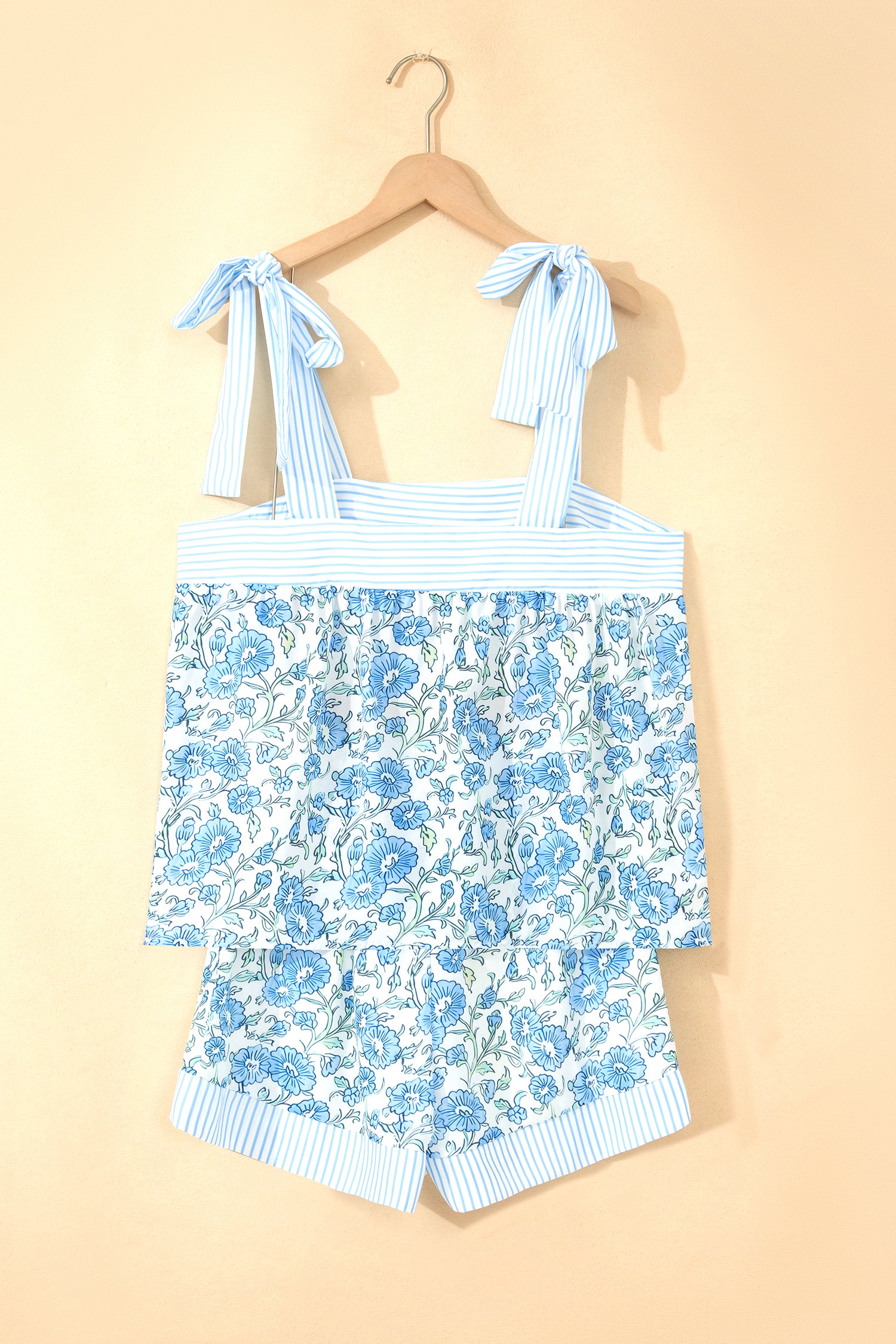 Sky Blue Floral Striped Patchwork Knot Straps 2pcs Short Set
