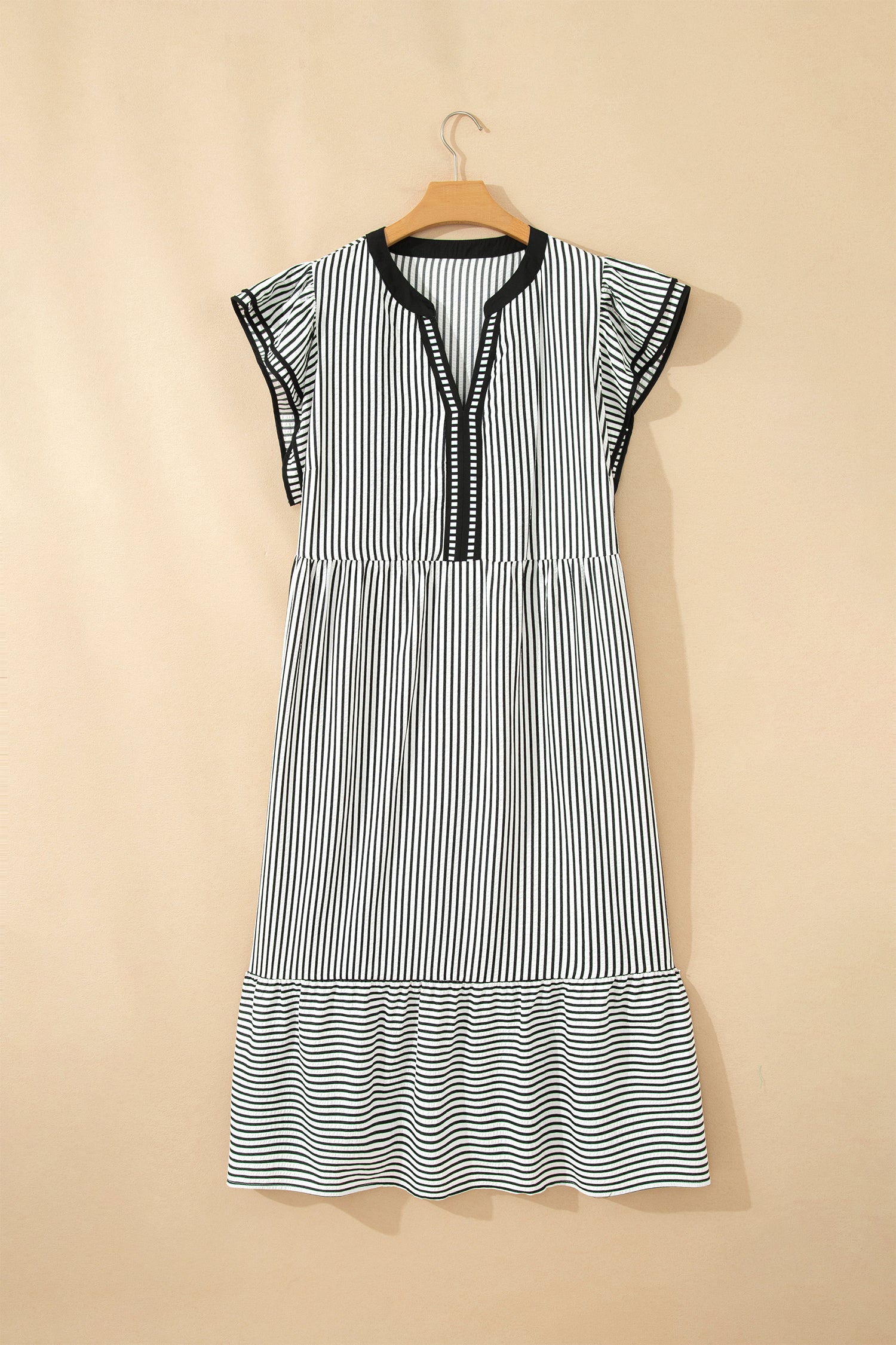 Brown Stripe Plus Size Slit V Neck Tiered Flutter Sleeve Maxi Dress