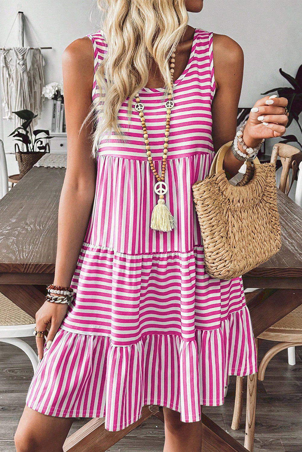 Sky Blue Stripe U Neck Sleeveless Loose Fit Mini Dress