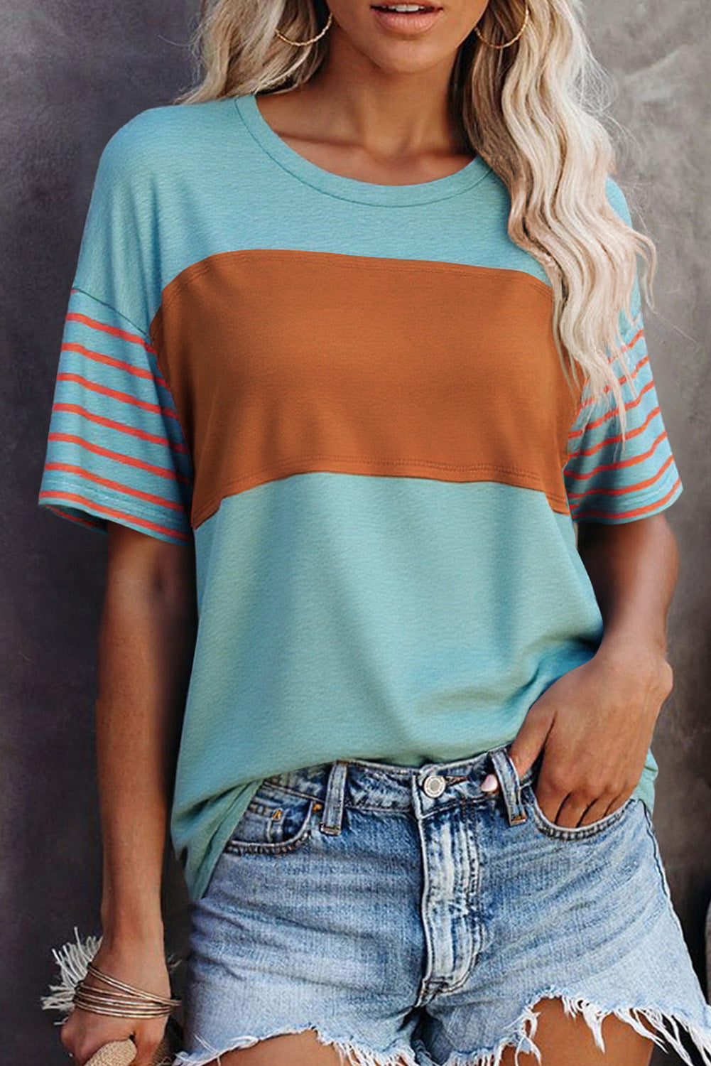 Laurel Green Color Block Striped Detail Loose T Shirt