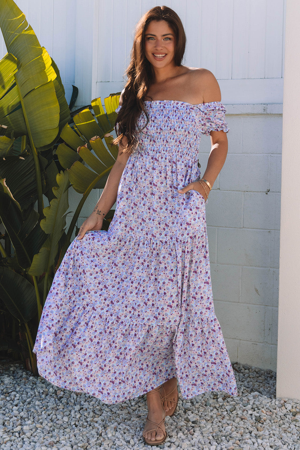 Pink Floral Short Bubble Sleeve Shirred High Waist Maxi Dress