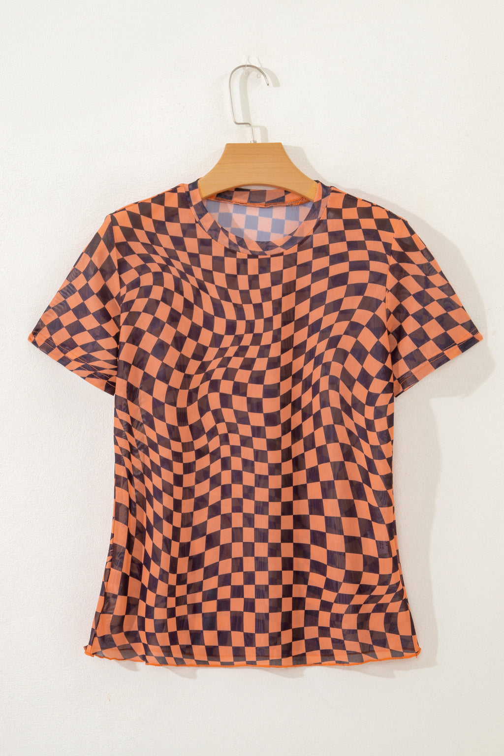 Khaki Checkered Print Crew Neck Mesh T Shirt