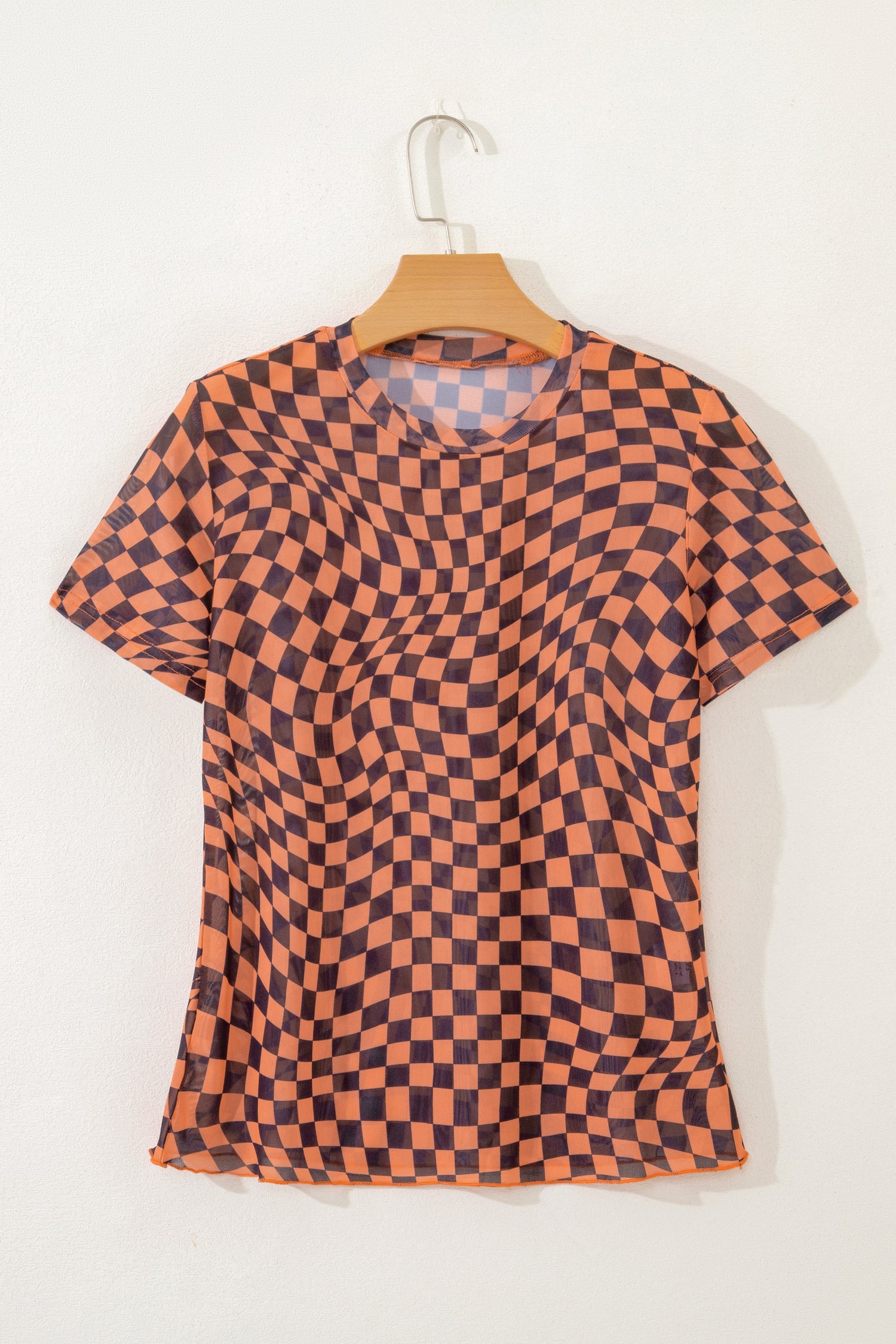 Khaki Checkered Print Crew Neck Mesh T Shirt