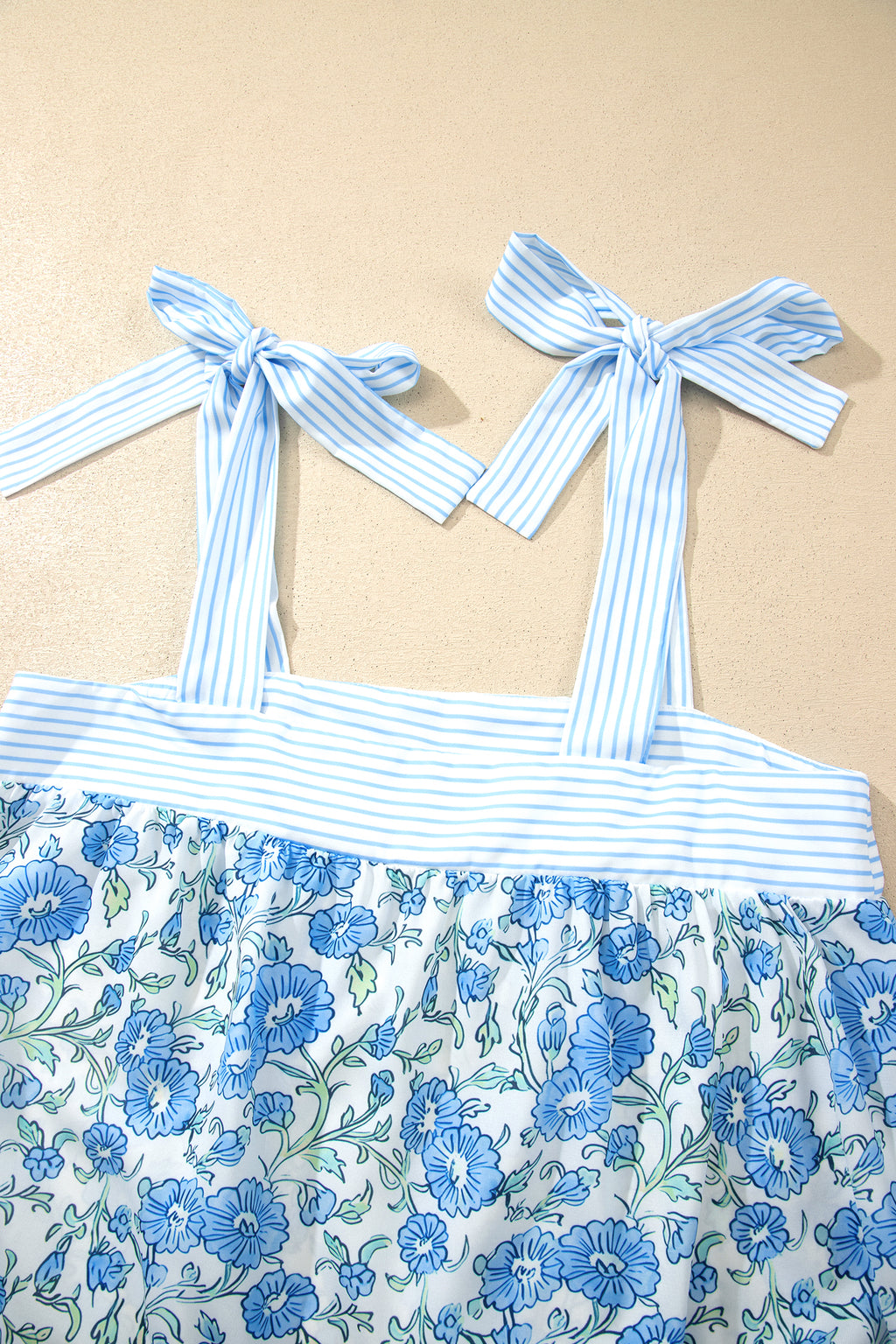 Sky Blue Floral Striped Patchwork Knot Straps 2pcs Short Set