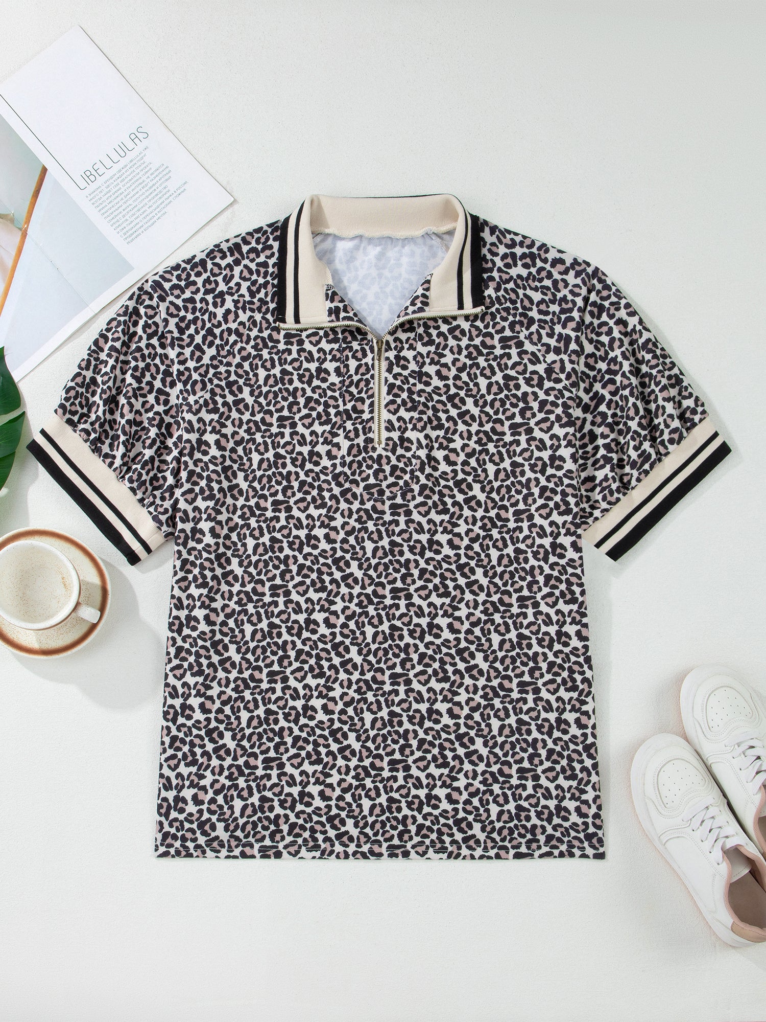 Brown Plus Size Leopard Print Striped Webbing Patchwork Half Zip Blouse