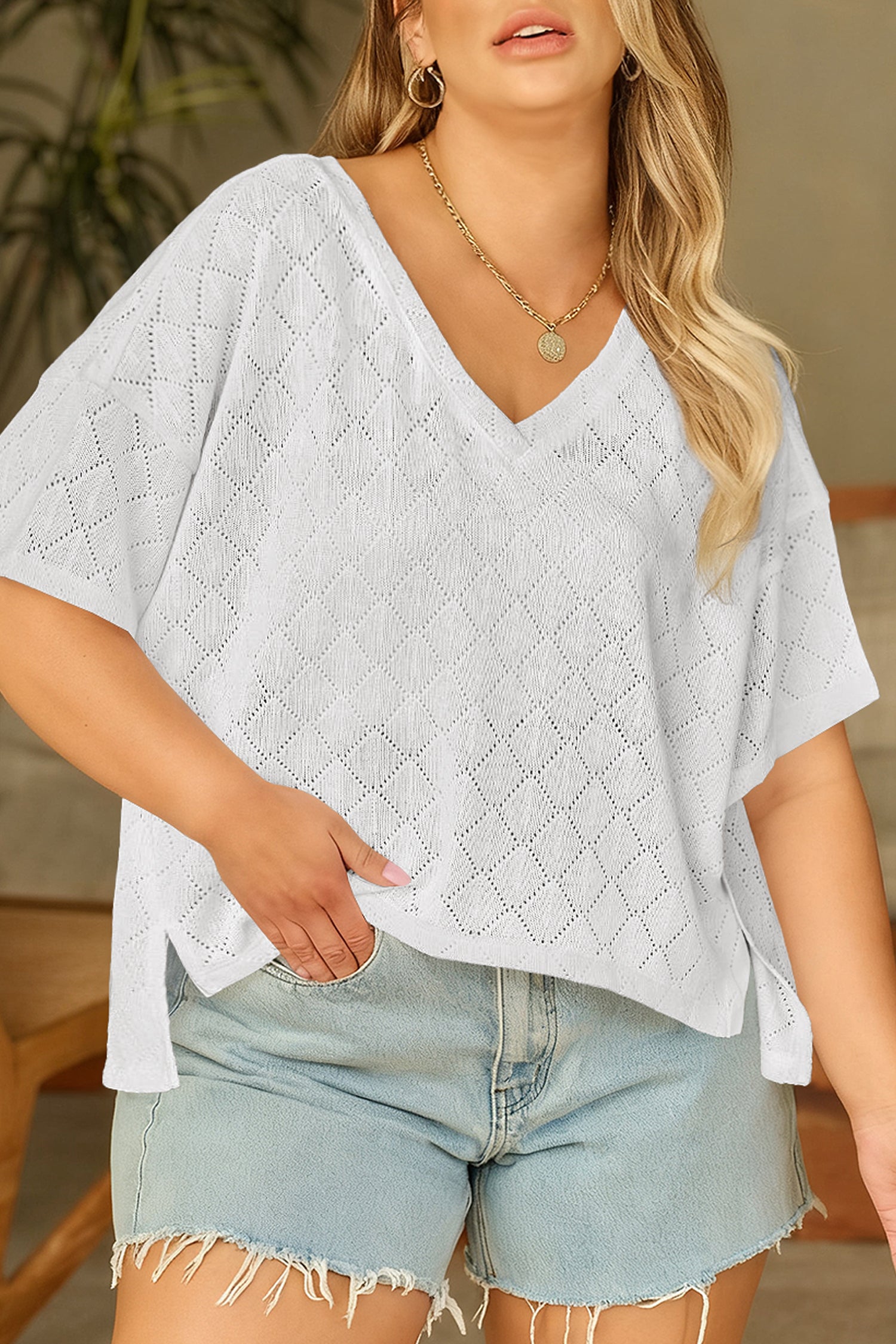 Light Pink Pointelle Rhombus Knit Plus Size V Neck Loose Top