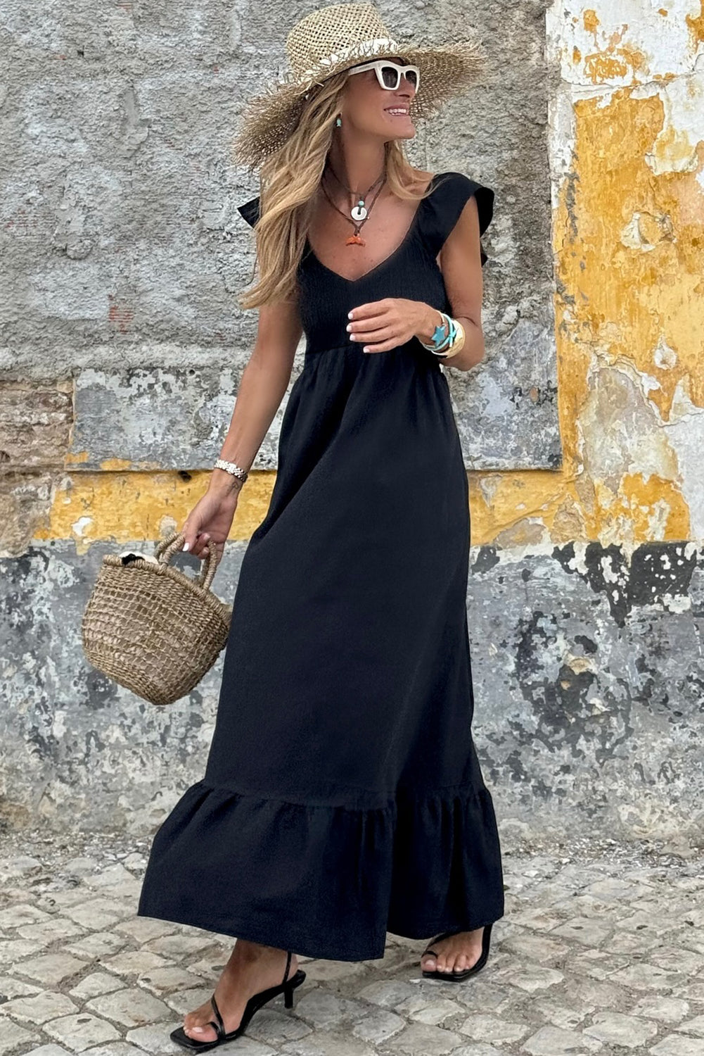 Pink V Neck Flutter Sleeve Smocked Bodice High Waist Ruffle Maxi Dress