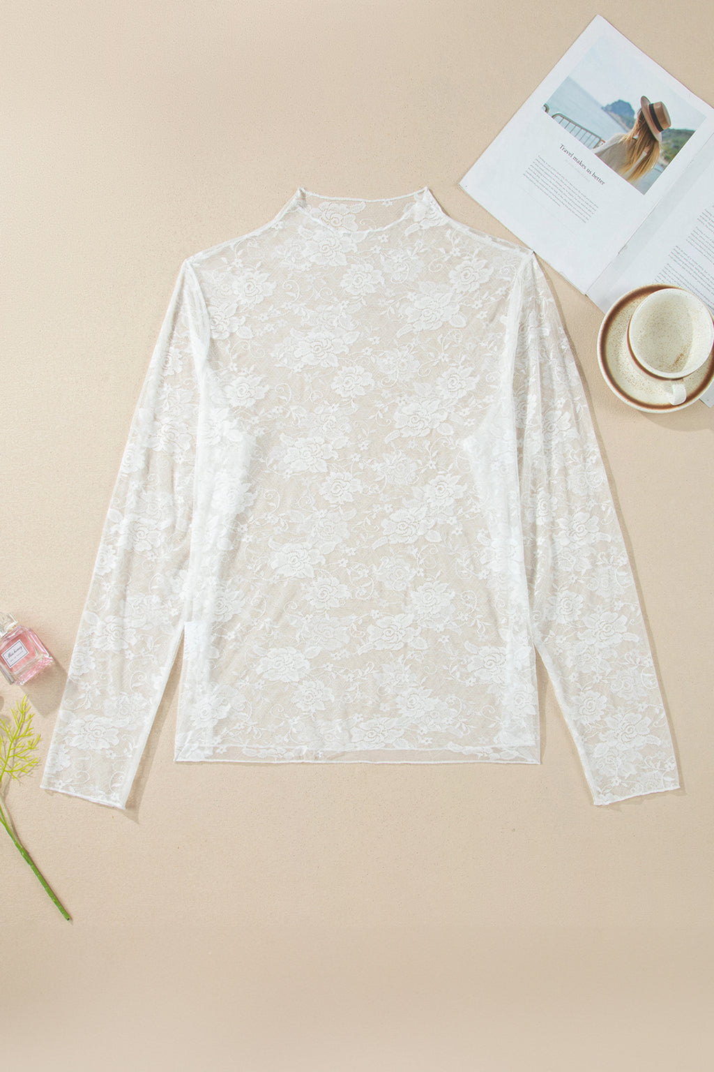 Black Plus Size Floral Mesh Long Sleeve Top