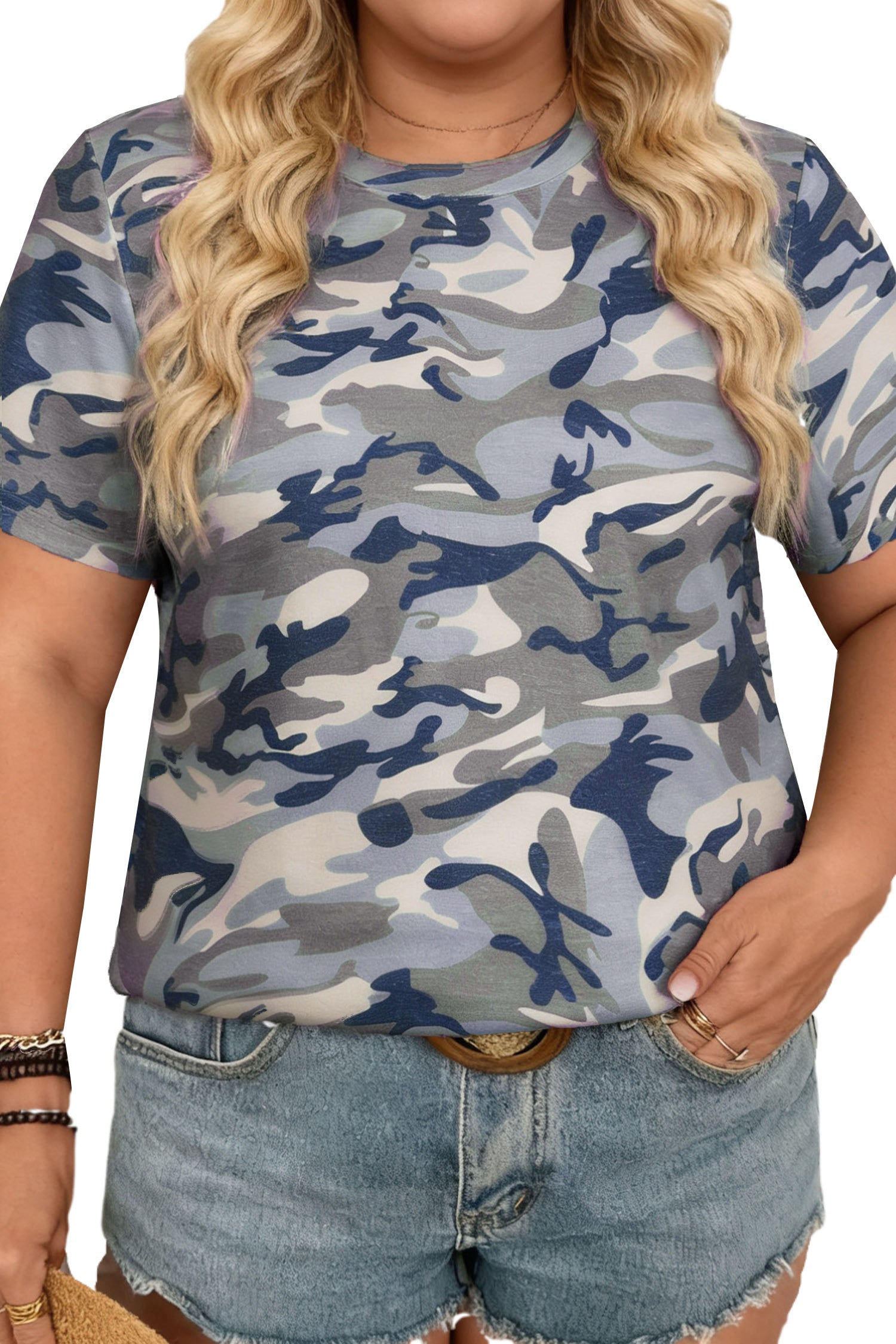 Green Plus Size Camo Print Crew Neck Short Sleeve Tee