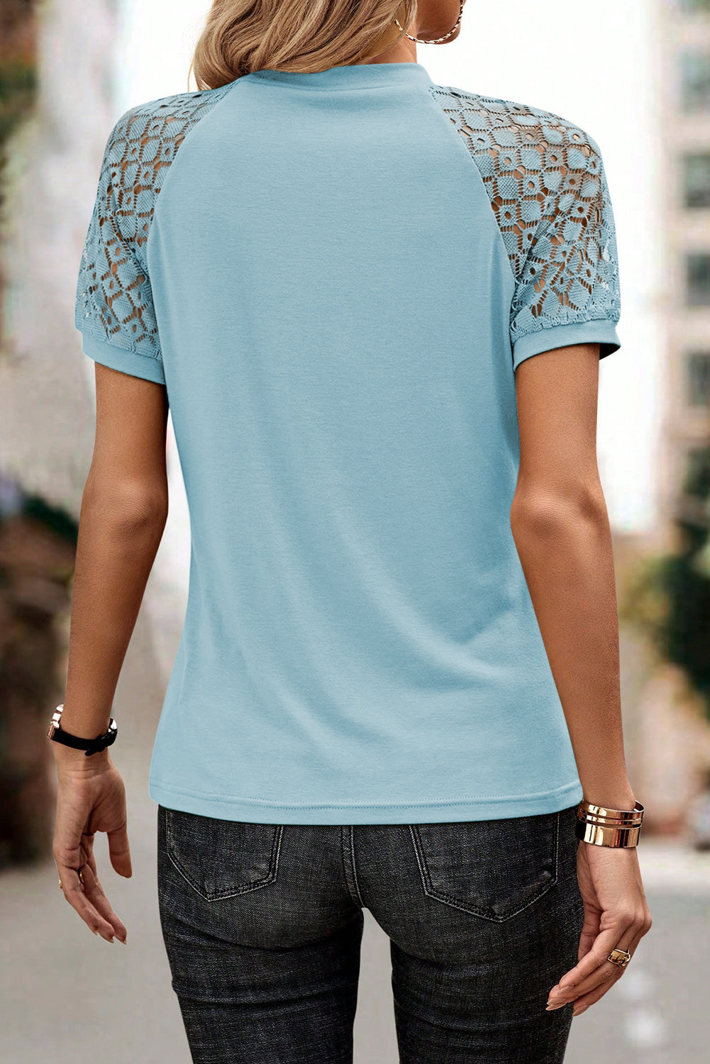 Blackish Green Seamed Detail Contrast Lace Raglan Sleeve Tee