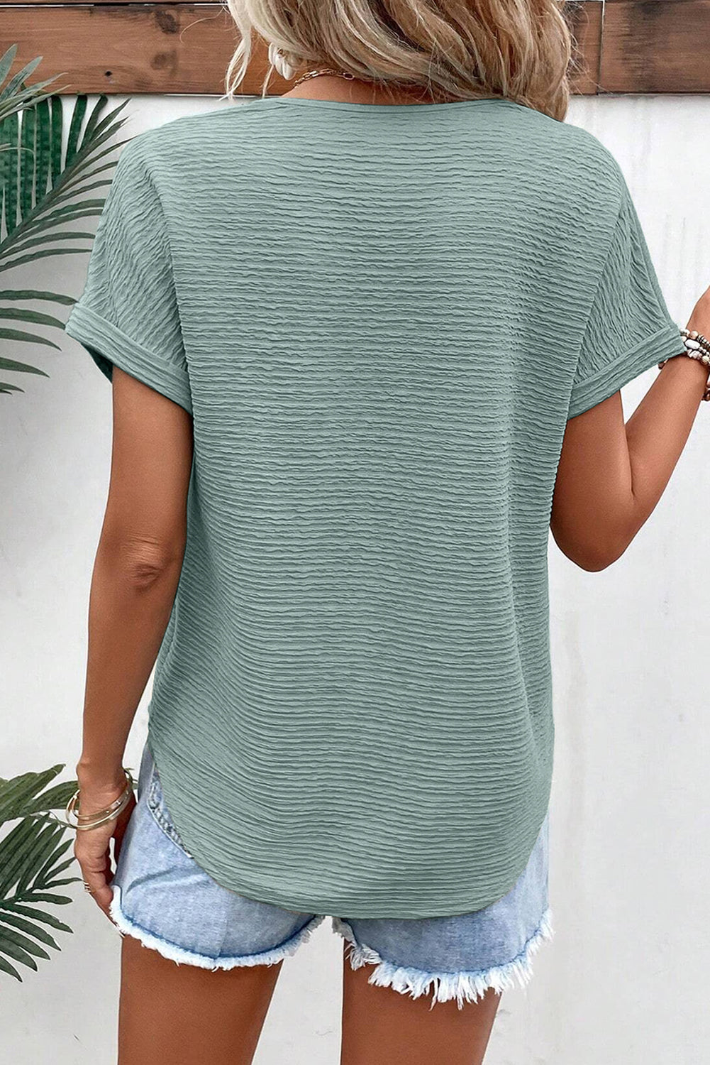 Bright Pink Textured Wide Sleeve V Neck T Shirt
