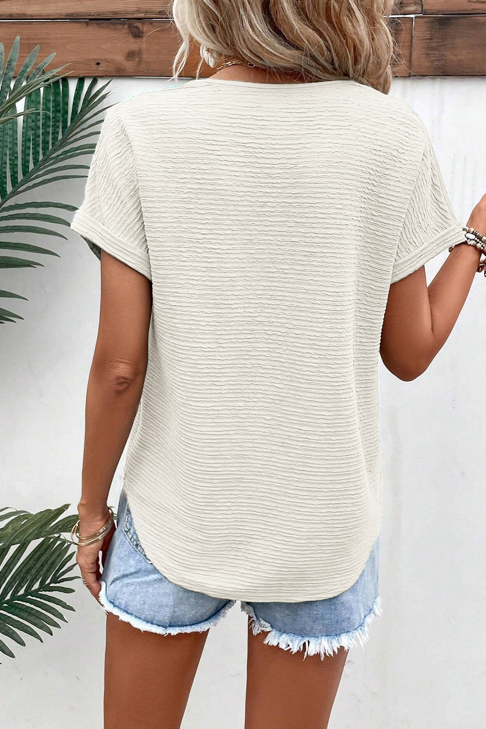 Bright Pink Textured Wide Sleeve V Neck T Shirt